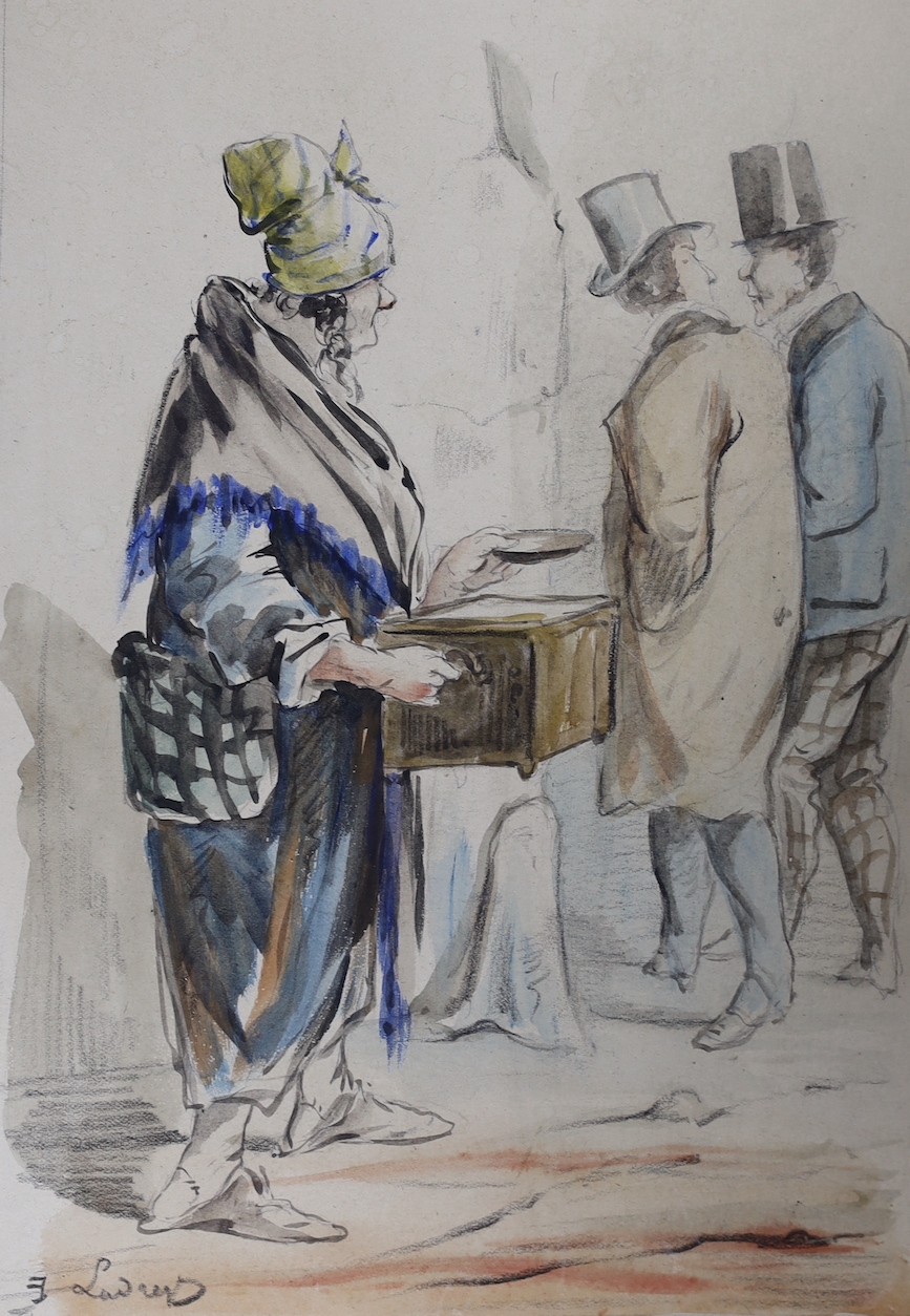 French School, pencil and watercolour, Street vendor and passing gentleman, signed, 23 x 16cm